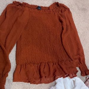 Puffy sleeve long sleeve, orange brown fringed top